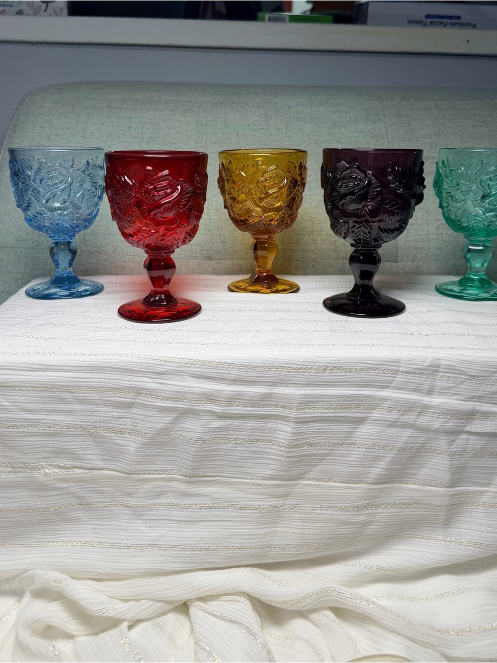 Vintage Madonna Inn Wild Rose Goblets Set of 5 Assorted Colors Pressed Glass 5”